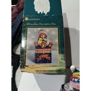 Traditions Porcelain Decorative Trinket Box Hand Painted Teddy Bear With Toys